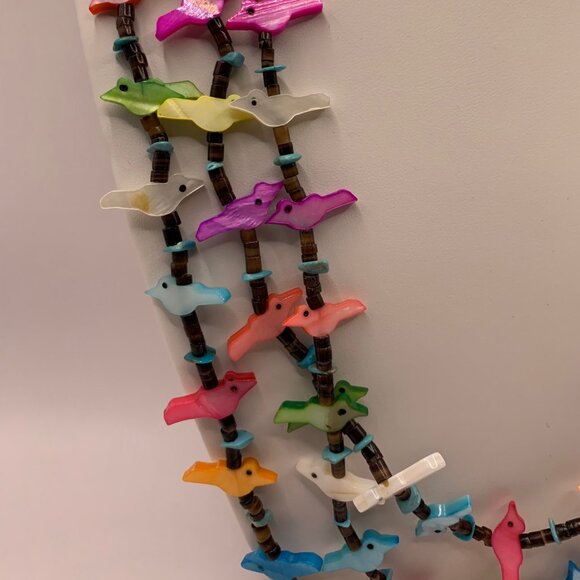 Southwest Zuni Bird Fetish Heishi Colorful Shell Birds Three Strand Necklace 734 - Picture 6 of 8